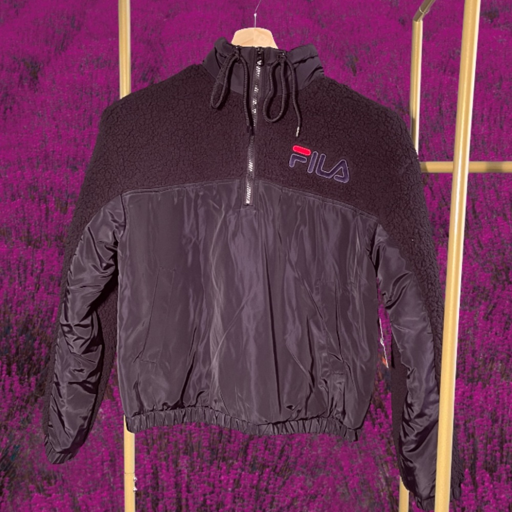 FILA Black Sherpa Fleece & Nylon Half-Zip Jacket NWT
